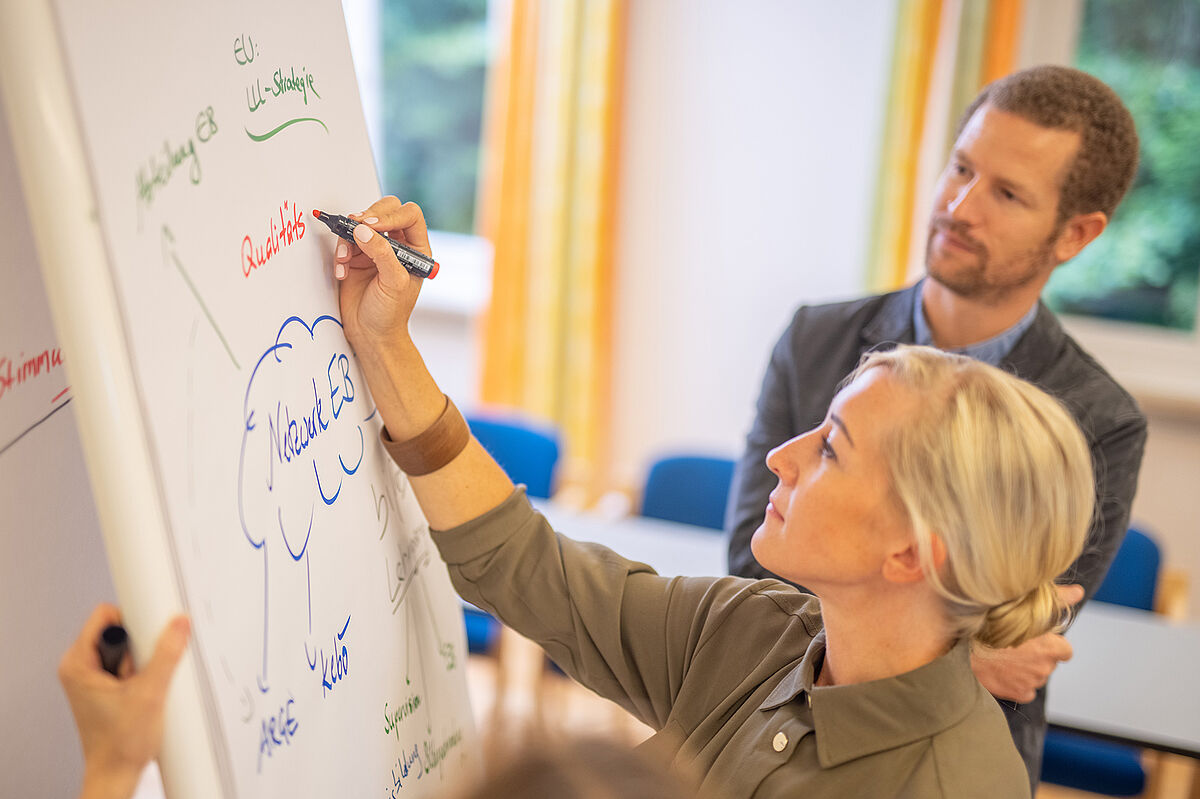 Dame die auf Flipchart zeichnet 