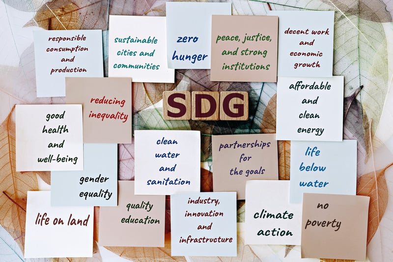 Foto mit Holzblöscken in der Mitte mit der Aufschrift "SDG", im Umkreis Klebezettel mit Texten wie "zero hunger" oder "reduce inequality"